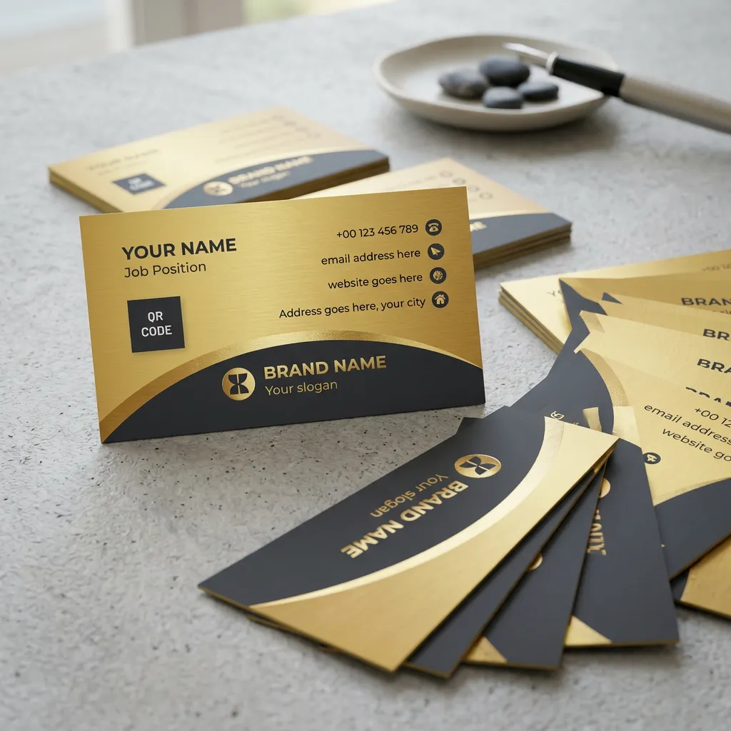 Luxury gold business card template with qr code and elegant black curve design layout mockup one