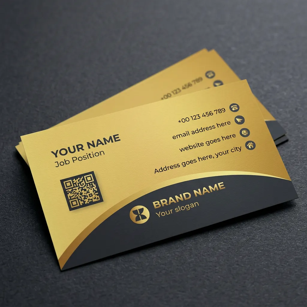 Luxury gold business card template with qr code and elegant black curve design layout mockup two