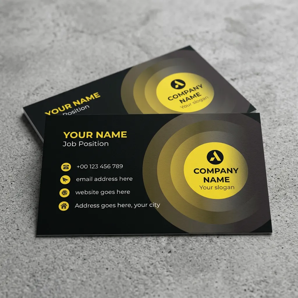 Modern black and yellow business card template with circular gradient design and bold branding layout mockup one