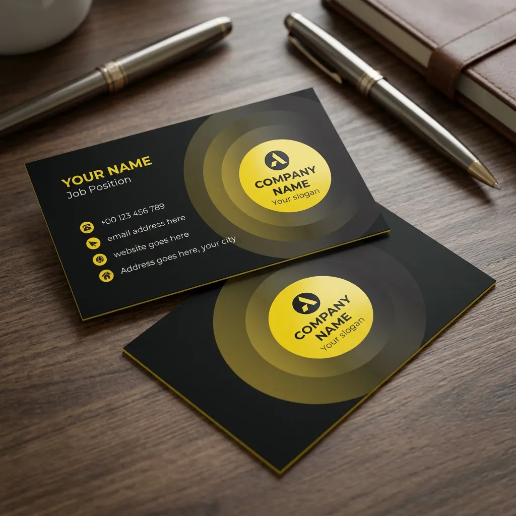 Modern black and yellow business card template with circular gradient design and bold branding layout mockup two