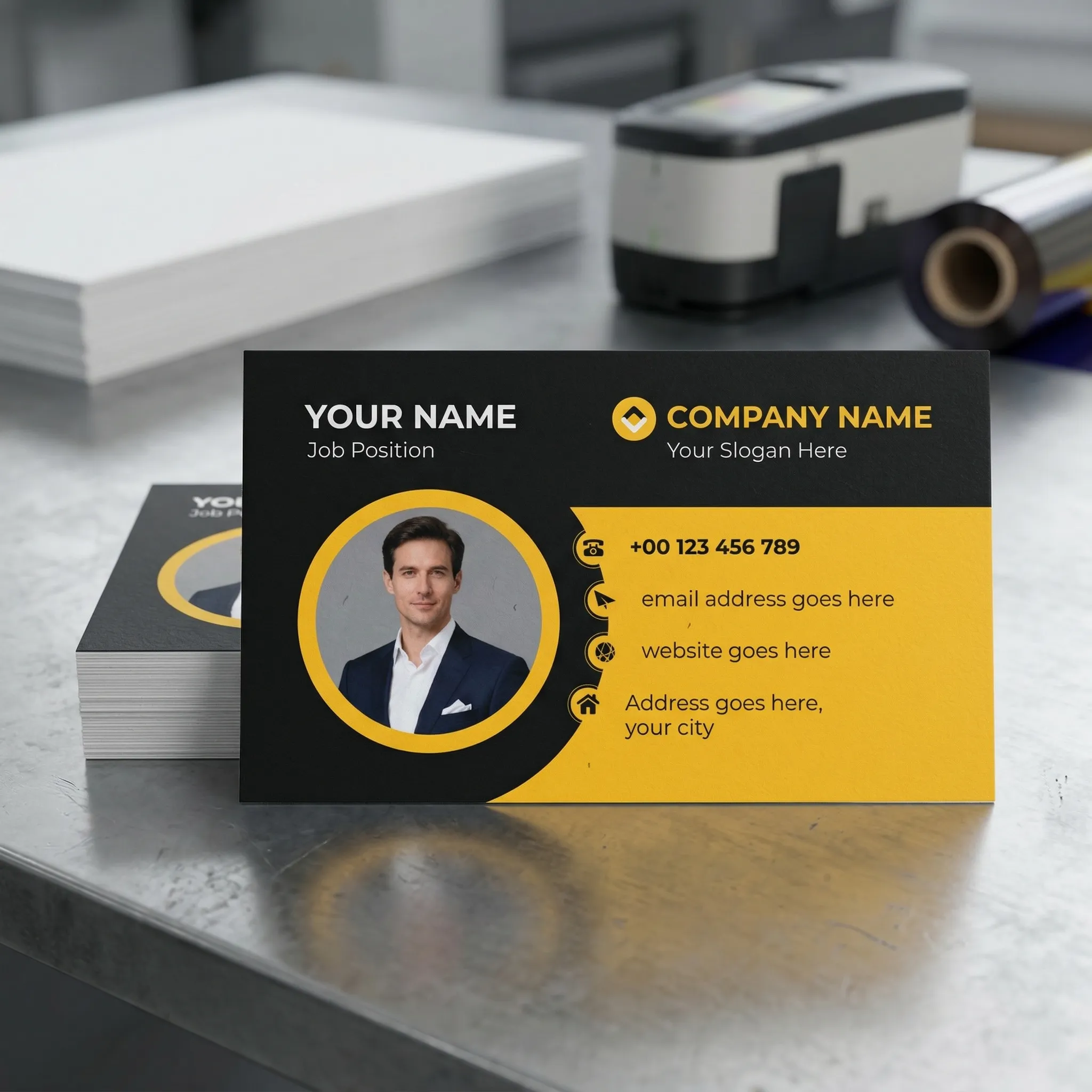 Modern Black and Yellow Business Card Template with Professional Photo ...