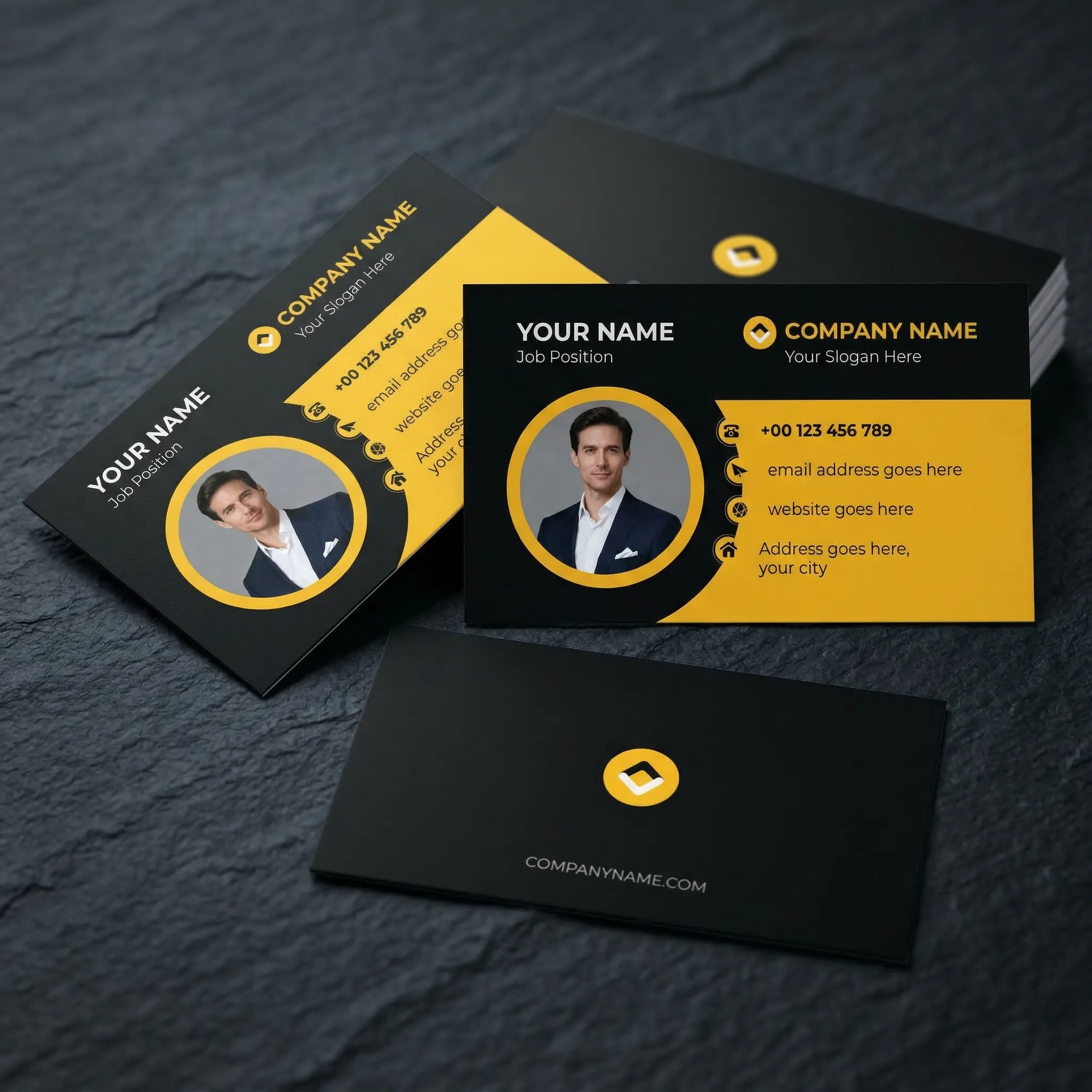Modern Black And Yellow Business Card Template With Professional Photo Layout Sr12032608 Mockup Two