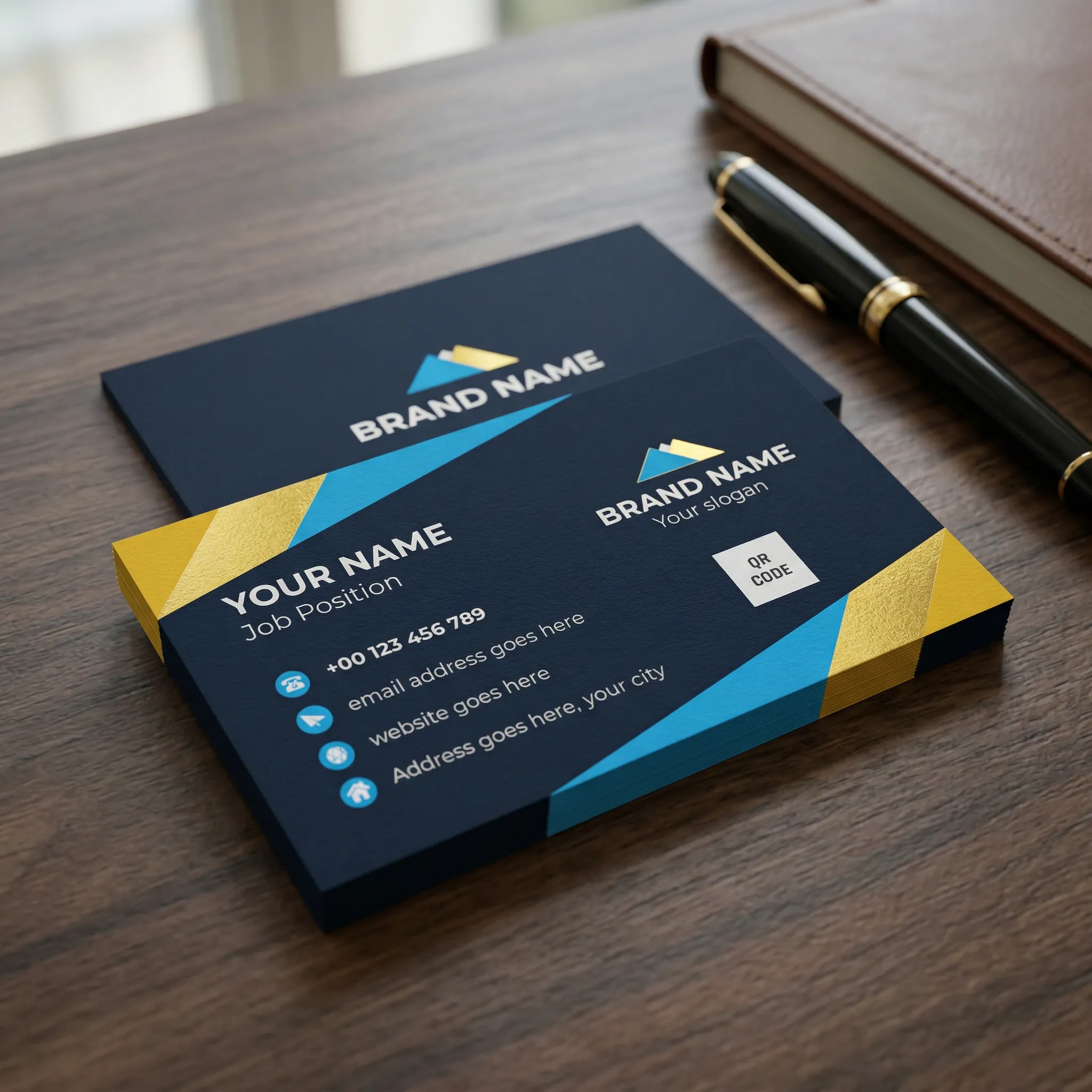 Modern Blue And Yellow Visiting Card Design For Corporate Professionals Sr05032605 Mockup One
