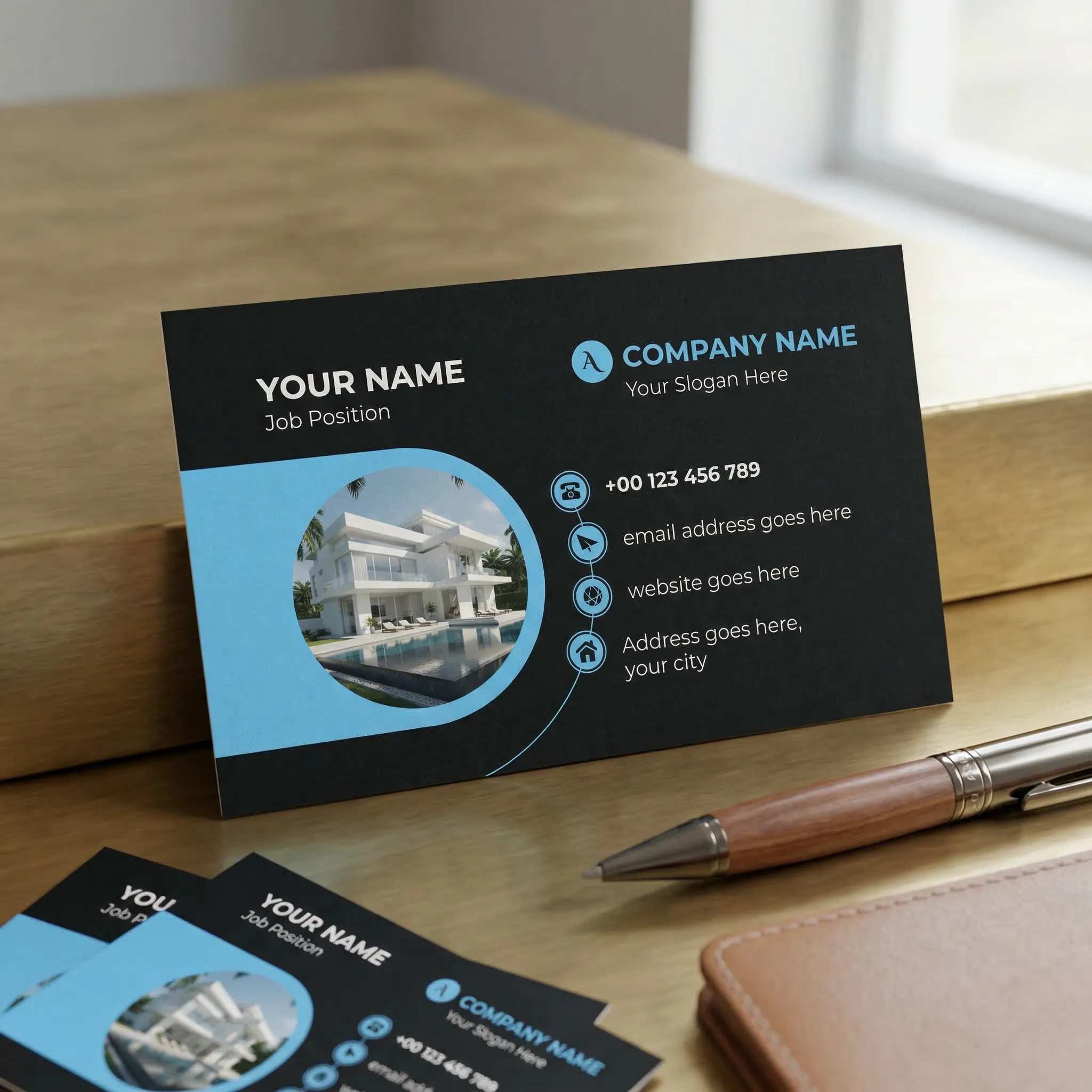 Modern Real Estate Business Card Template With Image And Cyan Accent Design Sr12032609 Mockup One