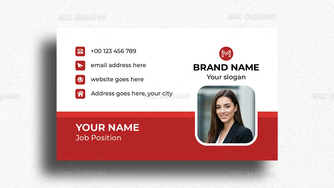 Modern Red and White Business Card Template with Photo and Clean Corporate Identity Design
