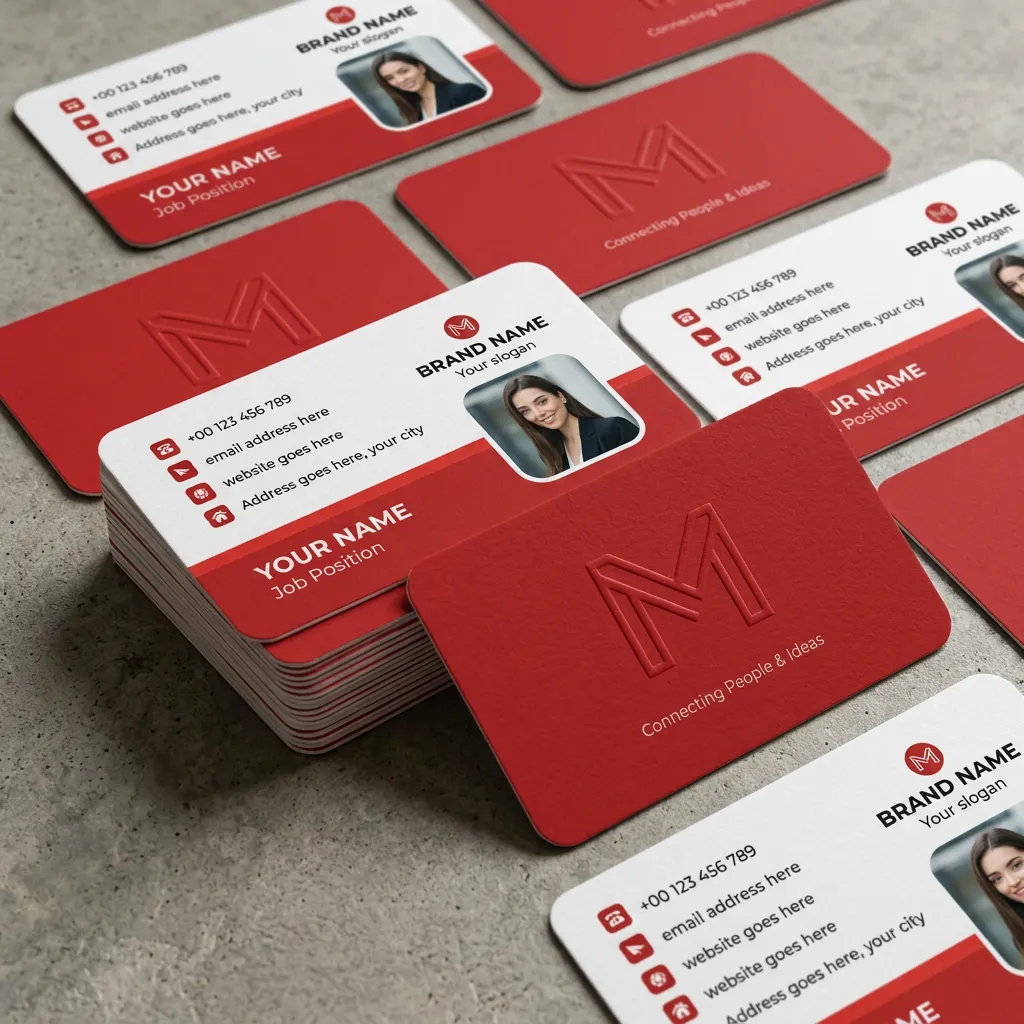 Modern red and white business card template with photo and clean corporate identity design mockup one