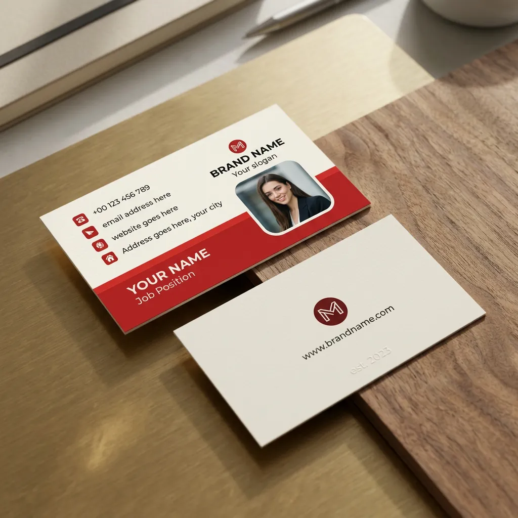 Modern red and white business card template with photo and clean corporate identity design mockup two