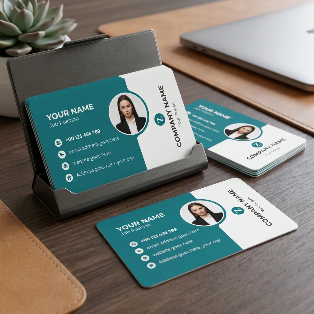 Modern Teal Corporate Visiting Card Template With Professional Photo And Clean Business Layout Sr29032608 Mockup One