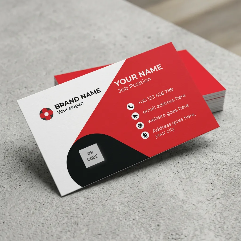 Print ready red black business card template with qr code mockup one