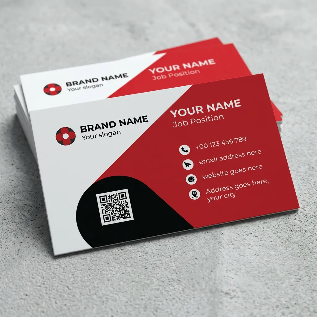 Print ready red black business card template with QR code