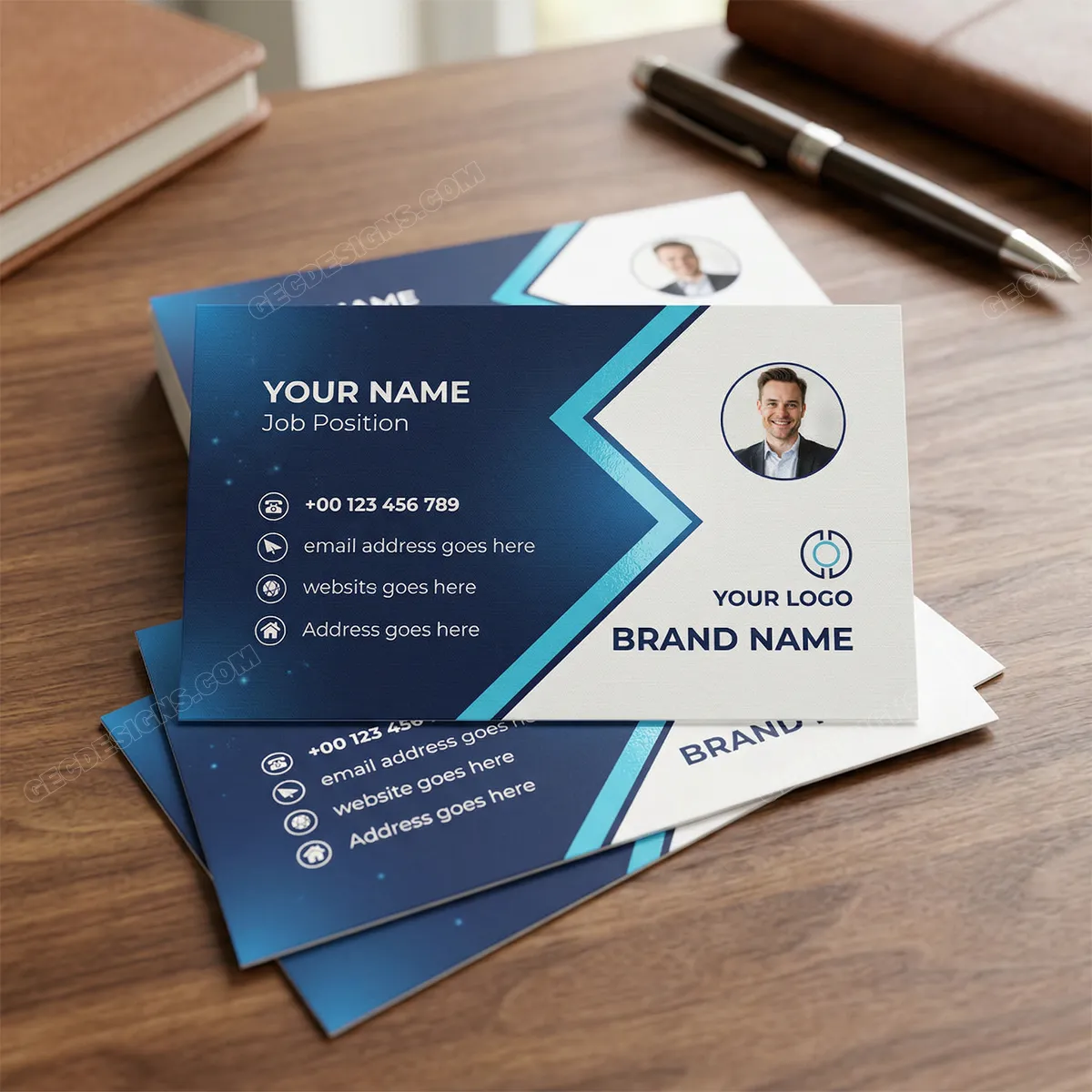 Professional Blue and White Business Card Template with Modern Chevron ...