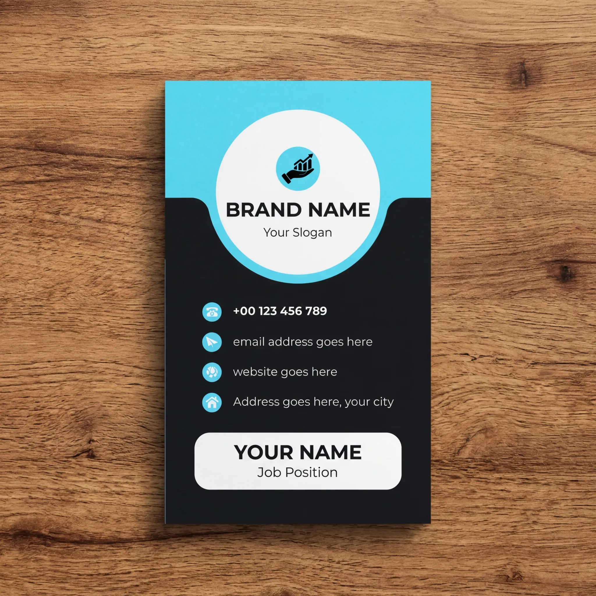 Professional business card template with blue accent and modern circular layout for corporate identity