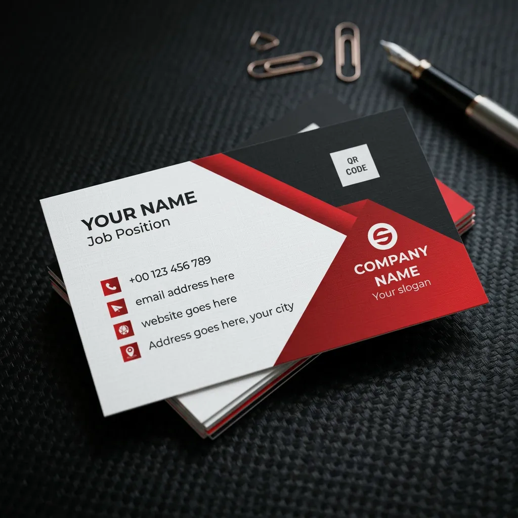 Professional business card template with bold red design for corporate identity branding mockup two