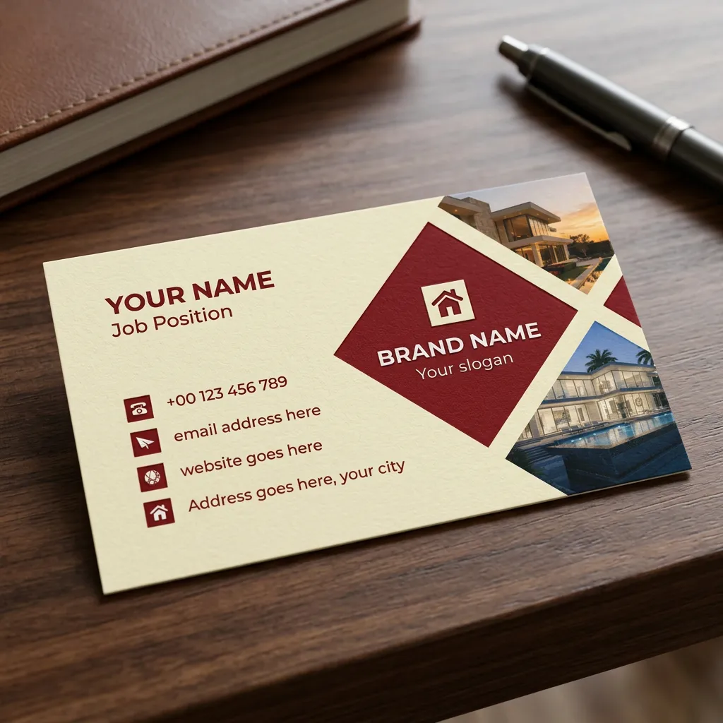 Real estate business card template with red geometric design and luxury property branding style