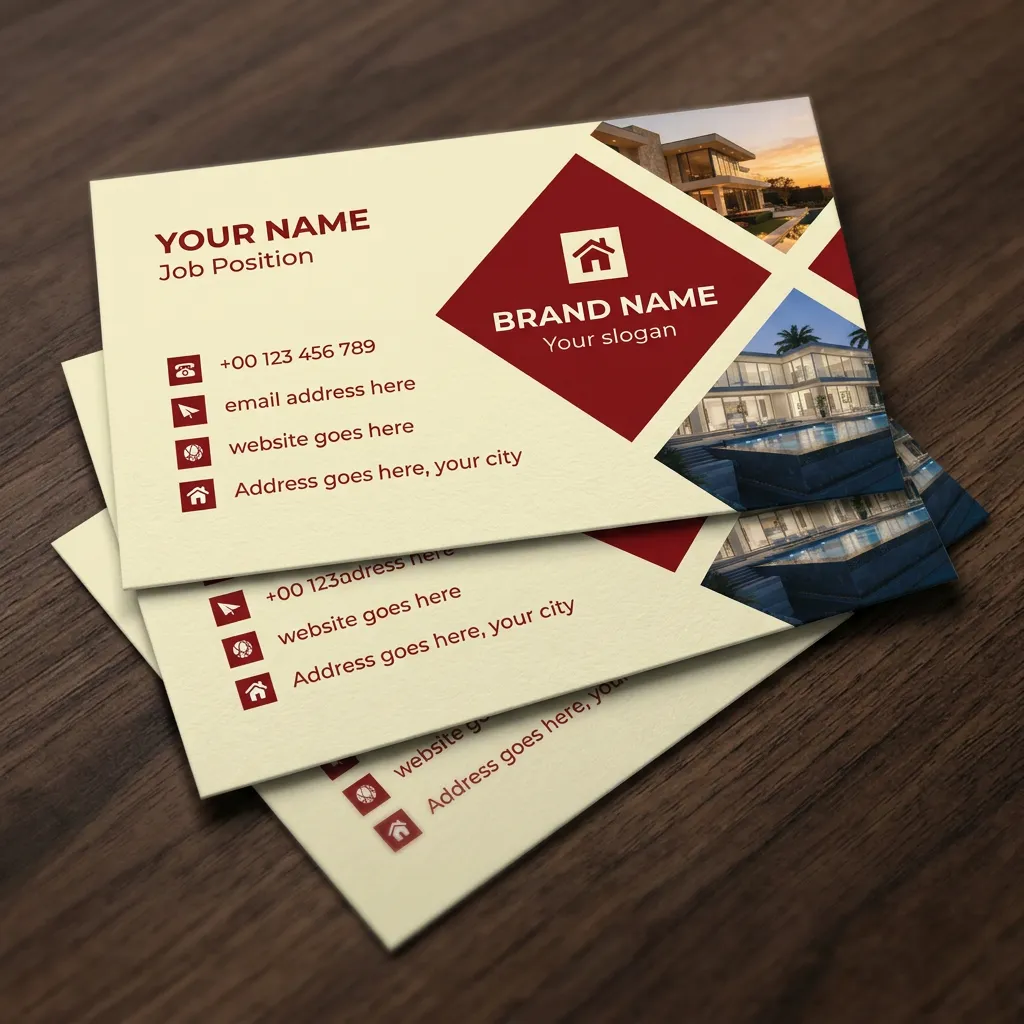 Real estate business card template with red geometric design and luxury property branding style mockup two