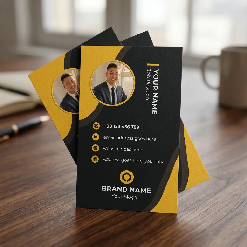 Vertical visiting card template with photo and black gold design for professional branding mockup one