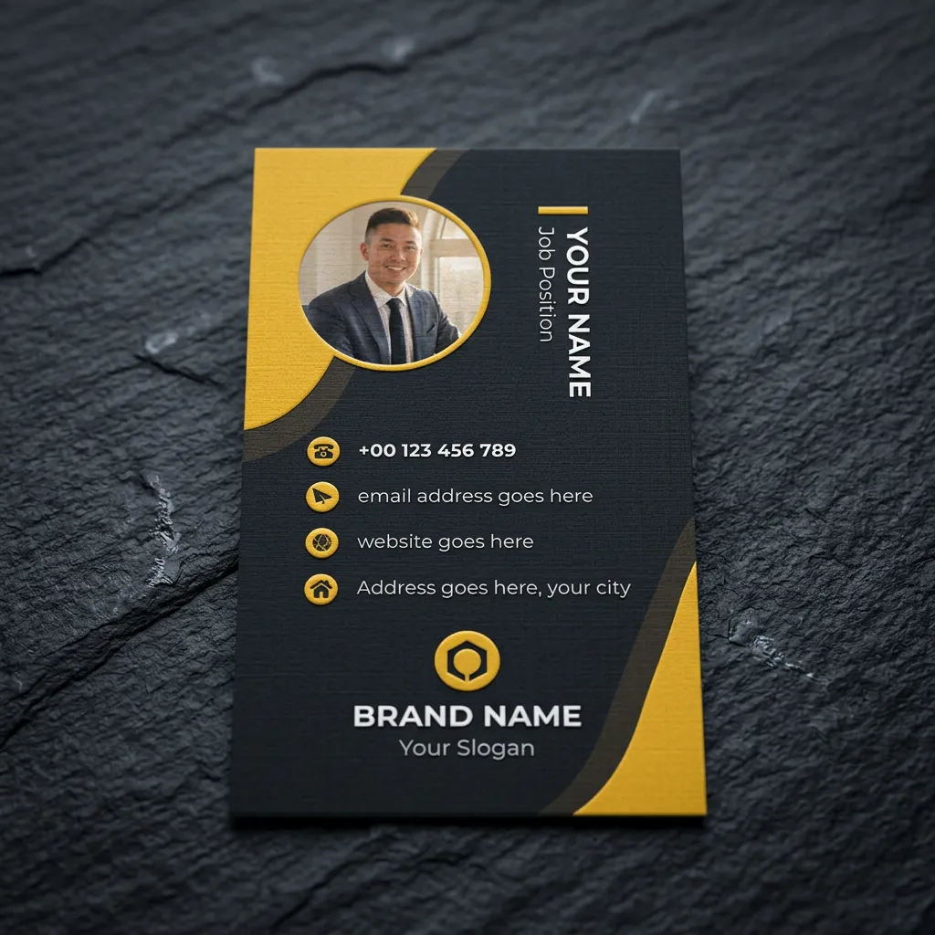 Vertical visiting card template with photo and black gold design for professional branding