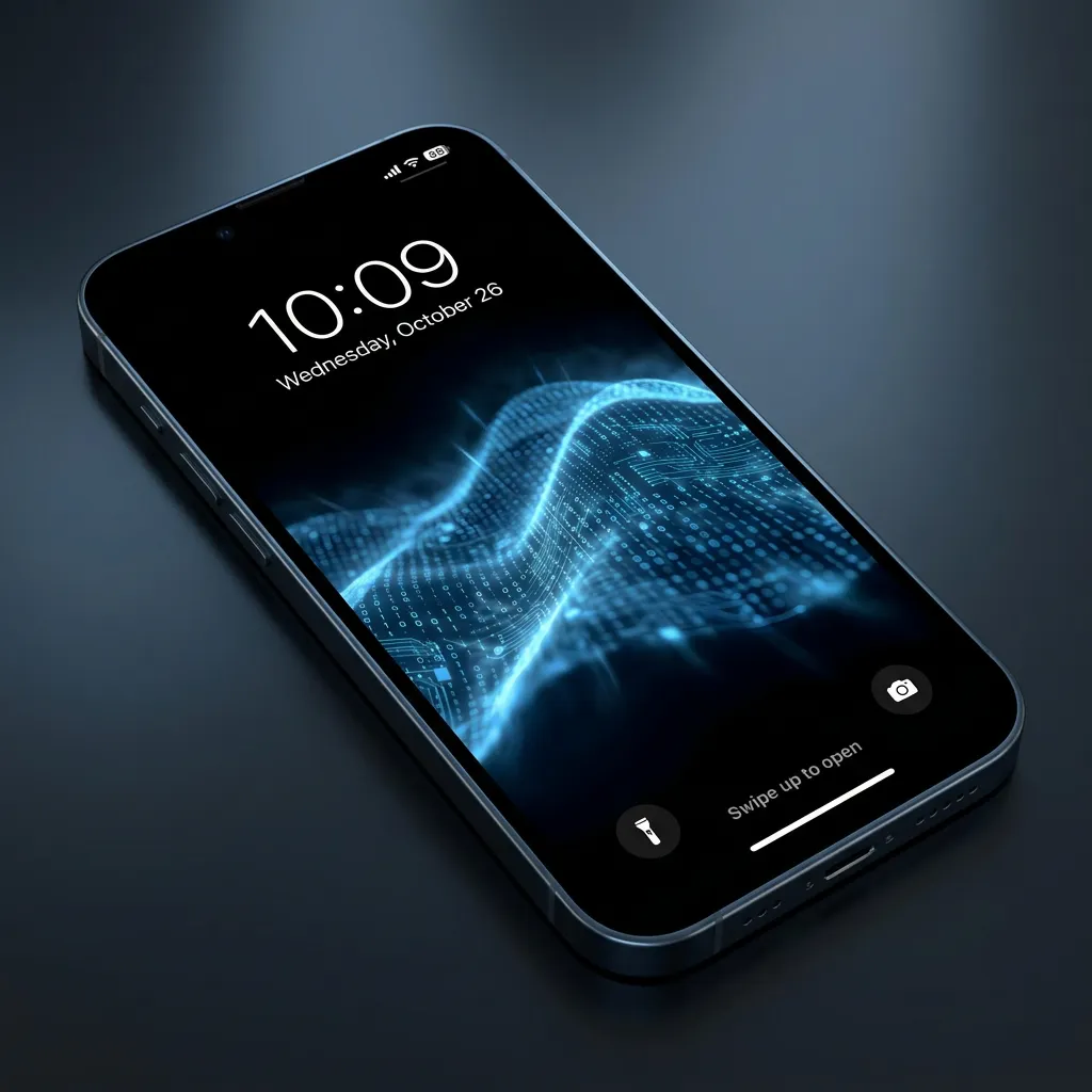 Abstract data flow iPhone wallpaper with blue digital waves and futuristic coding aesthetic mockup one