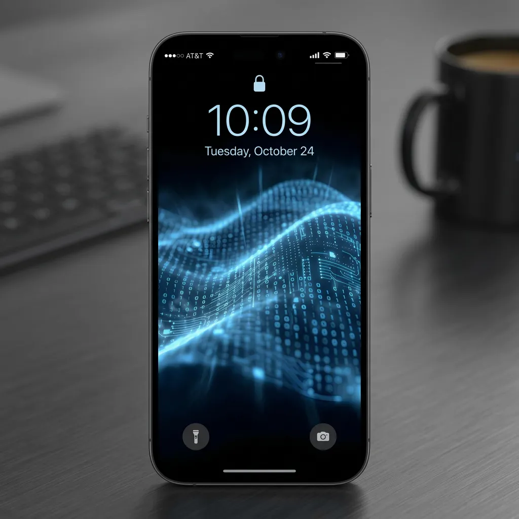 Abstract data flow iPhone wallpaper with blue digital waves and futuristic coding aesthetic mockup two