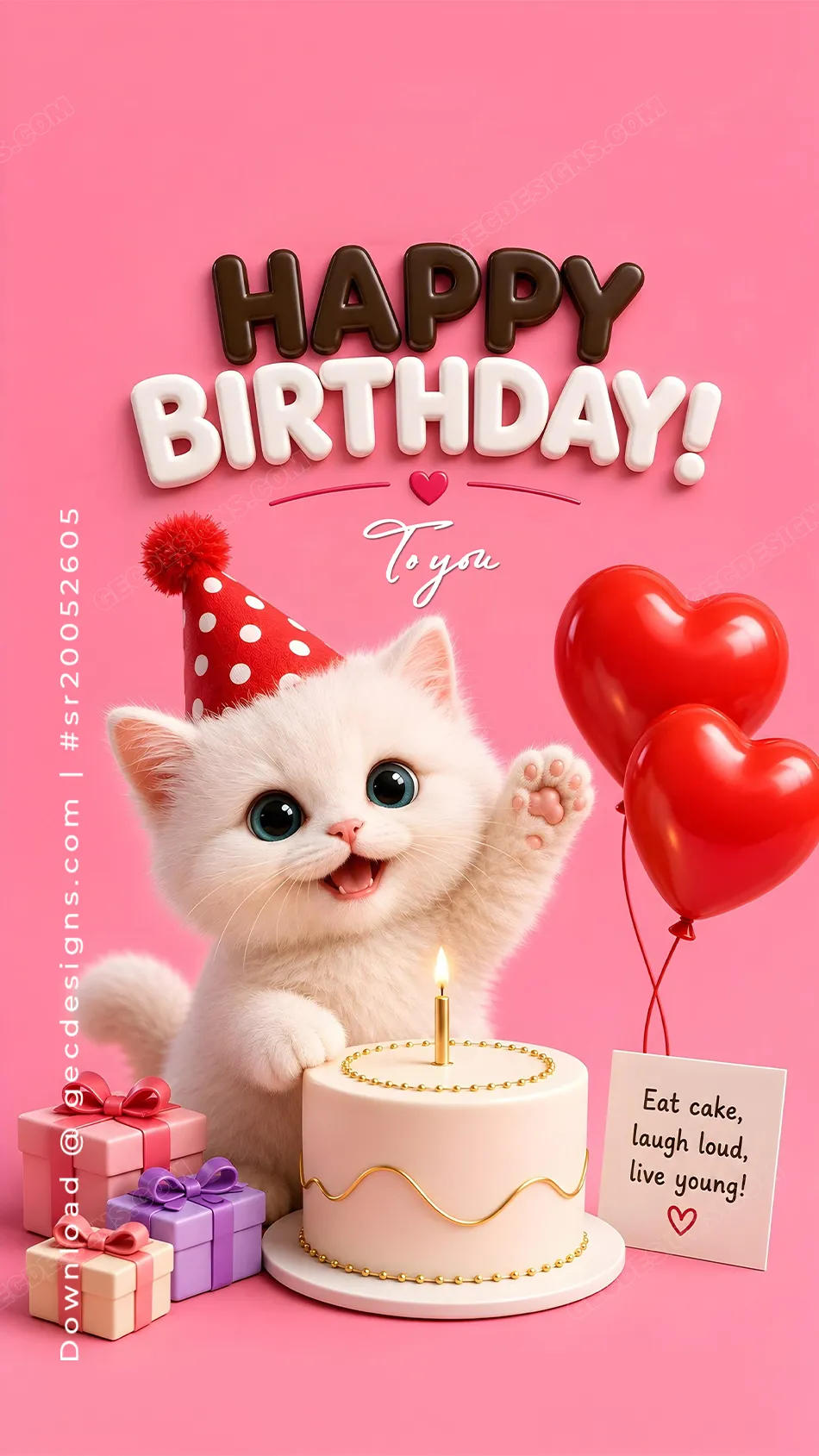 Adorable kitten birthday card image with cake gifts and pink background