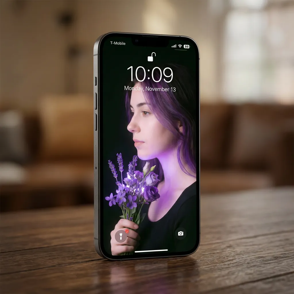 Aesthetic girl iPhone wallpaper with purple flowers mockup one