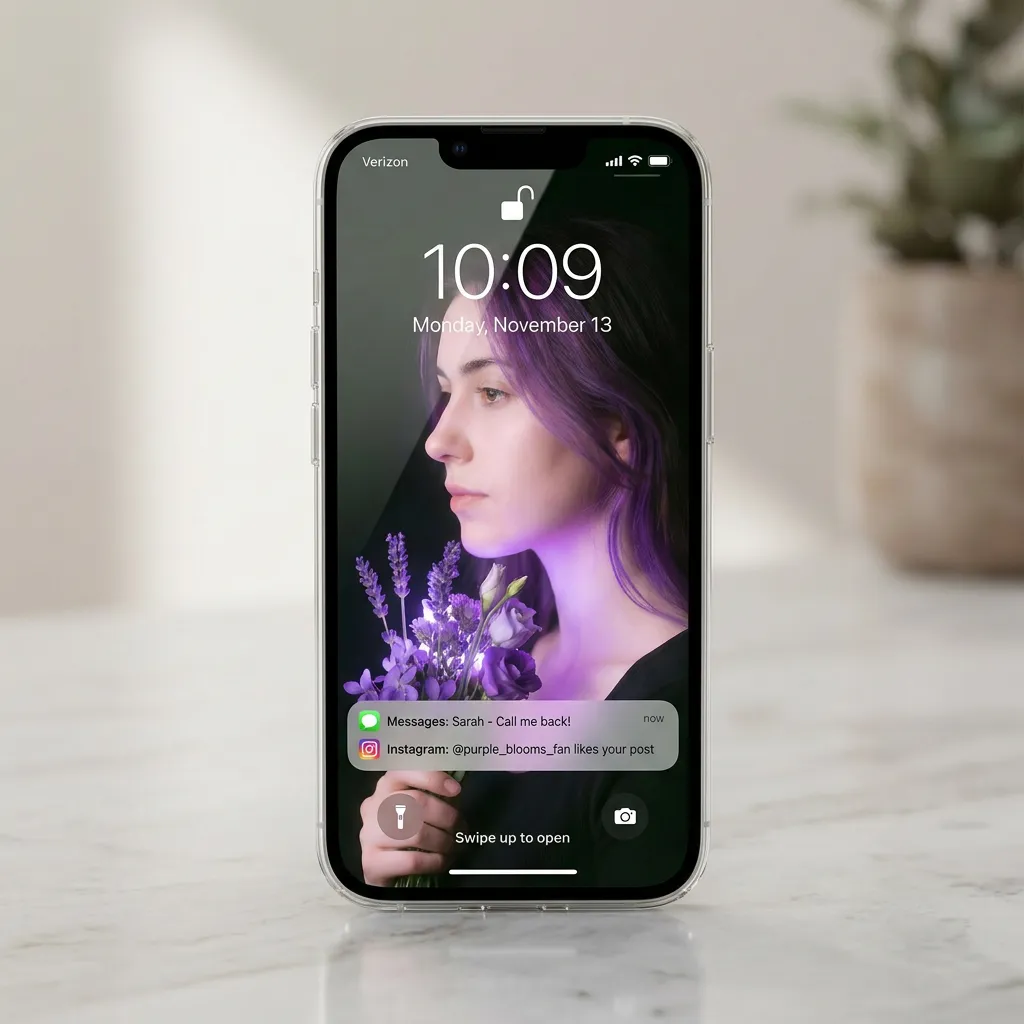 Aesthetic girl iPhone wallpaper with purple flowers mockup two
