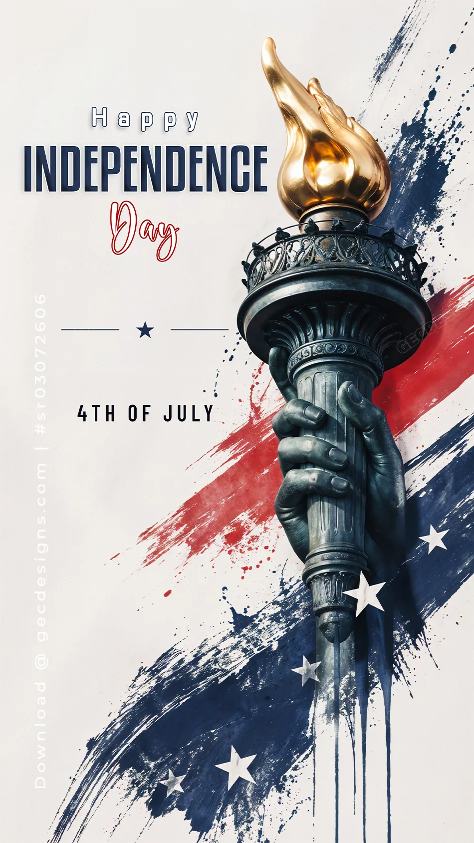 American Independence Day Wallpaper with Liberty Torch and Red-Navy Paint Splash Art
