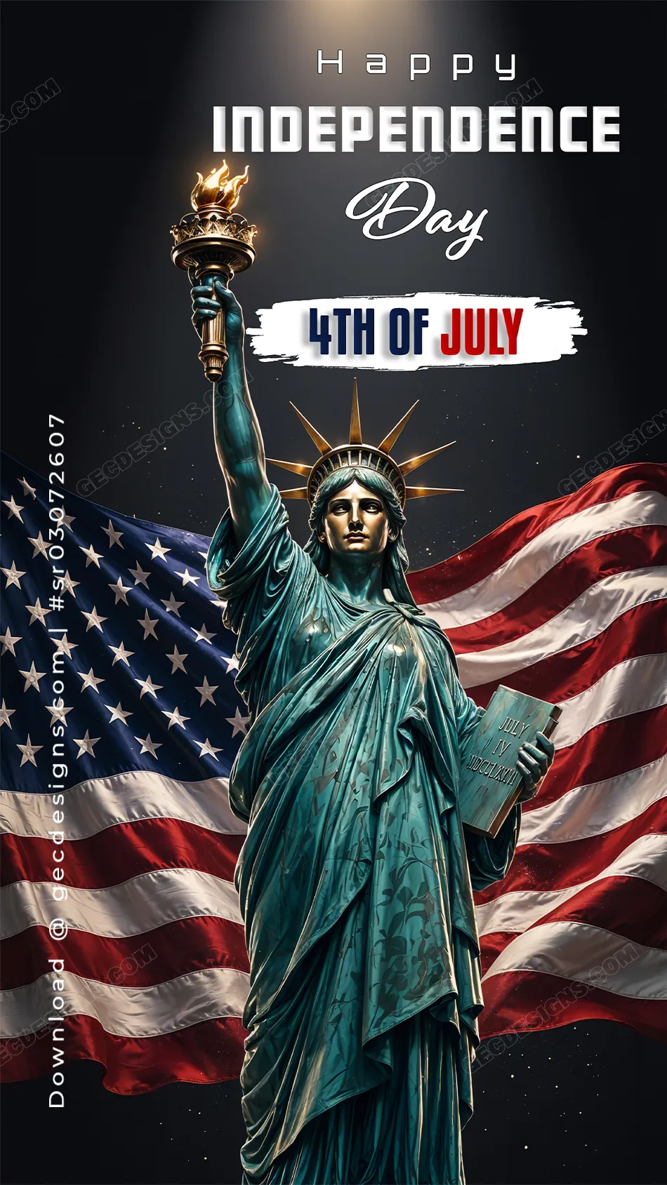 American Independence Day Wallpaper with Statue of Liberty and Waving Flag on a Dark Sky