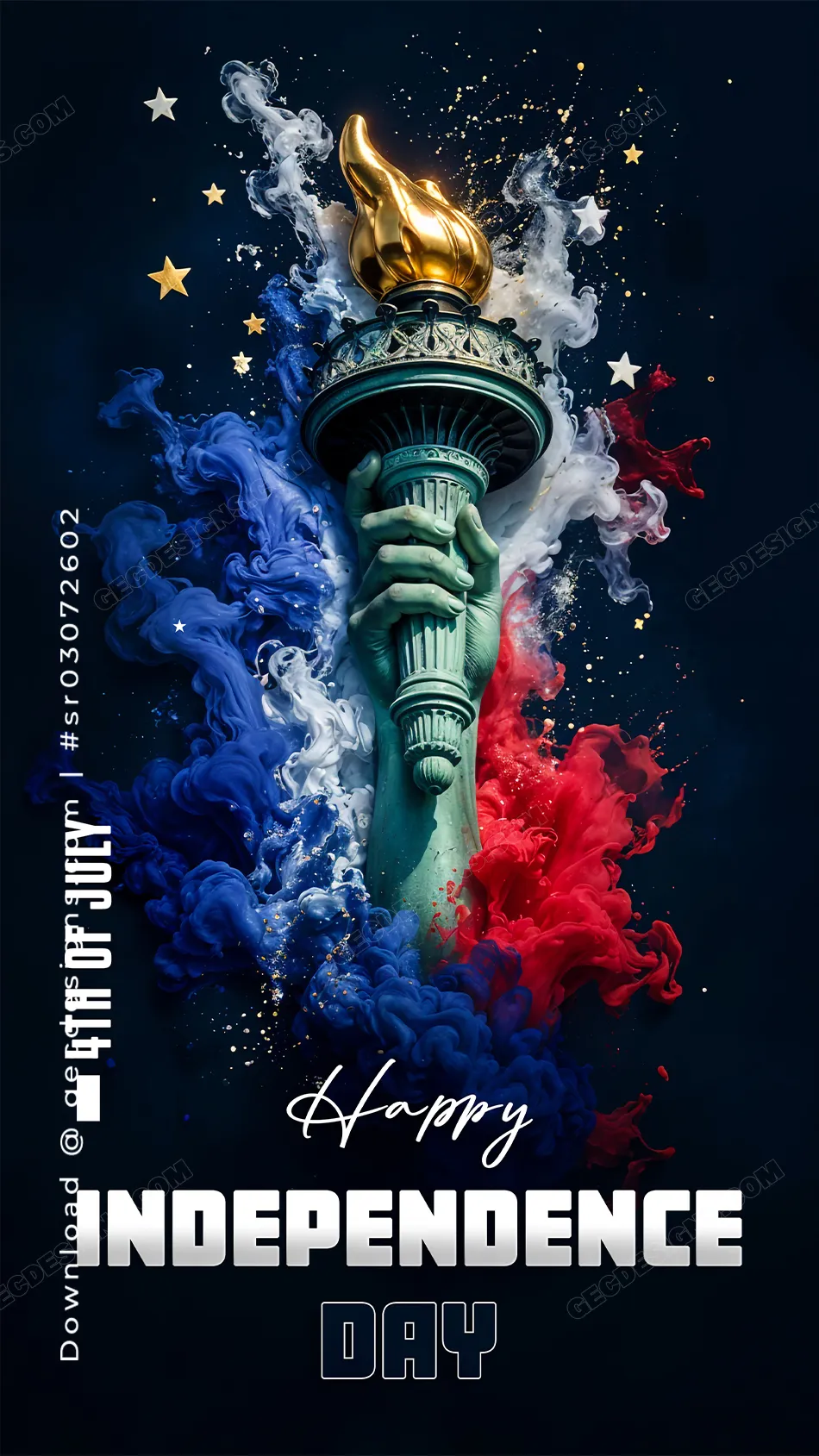 American Independence Day Wallpaper with Statue of Liberty Torch and Red, White, Blue Ink Smoke