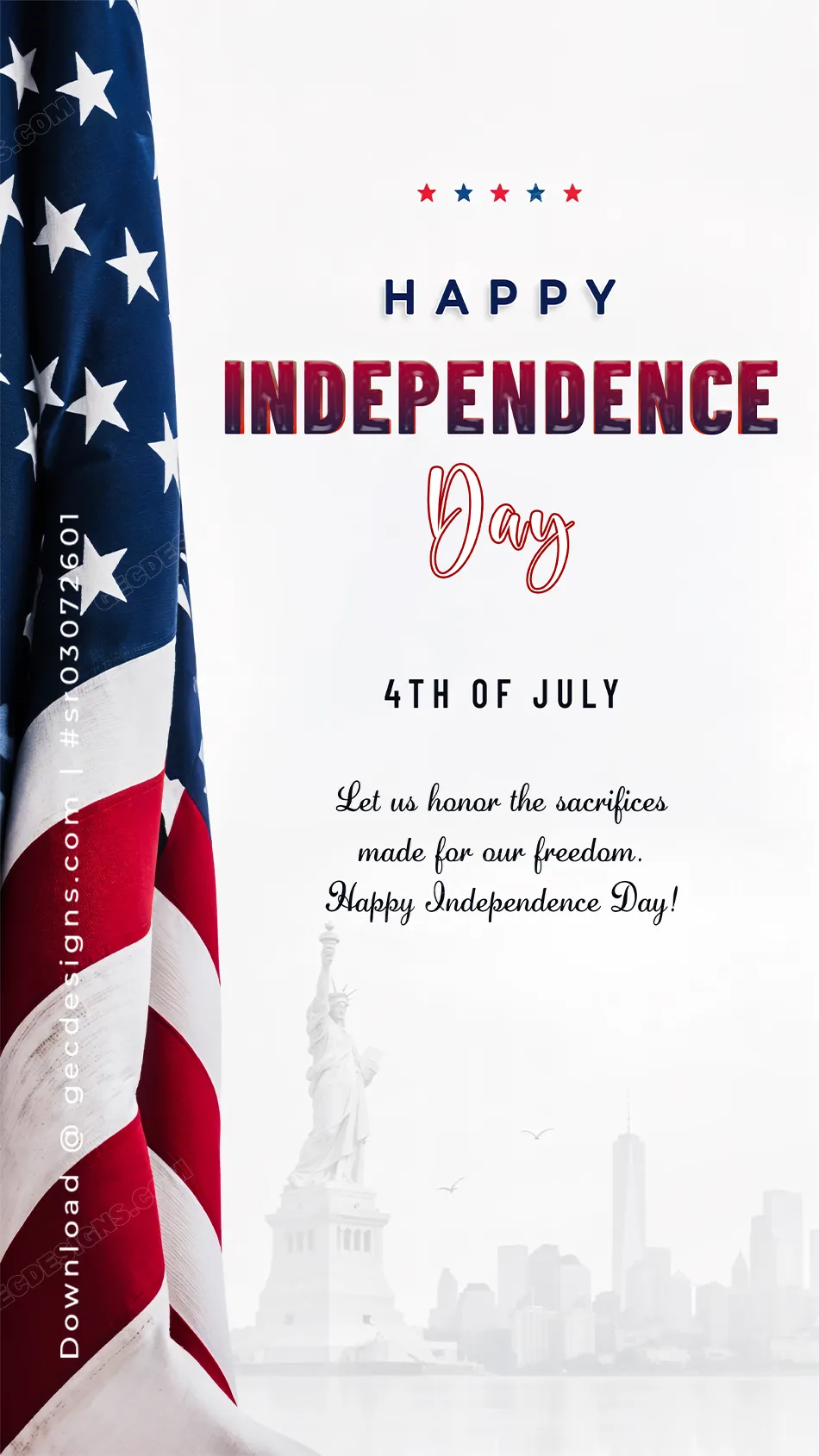 American Independence Day Wallpaper with Waving Flag, Statue of Liberty and 4th of July Greeting