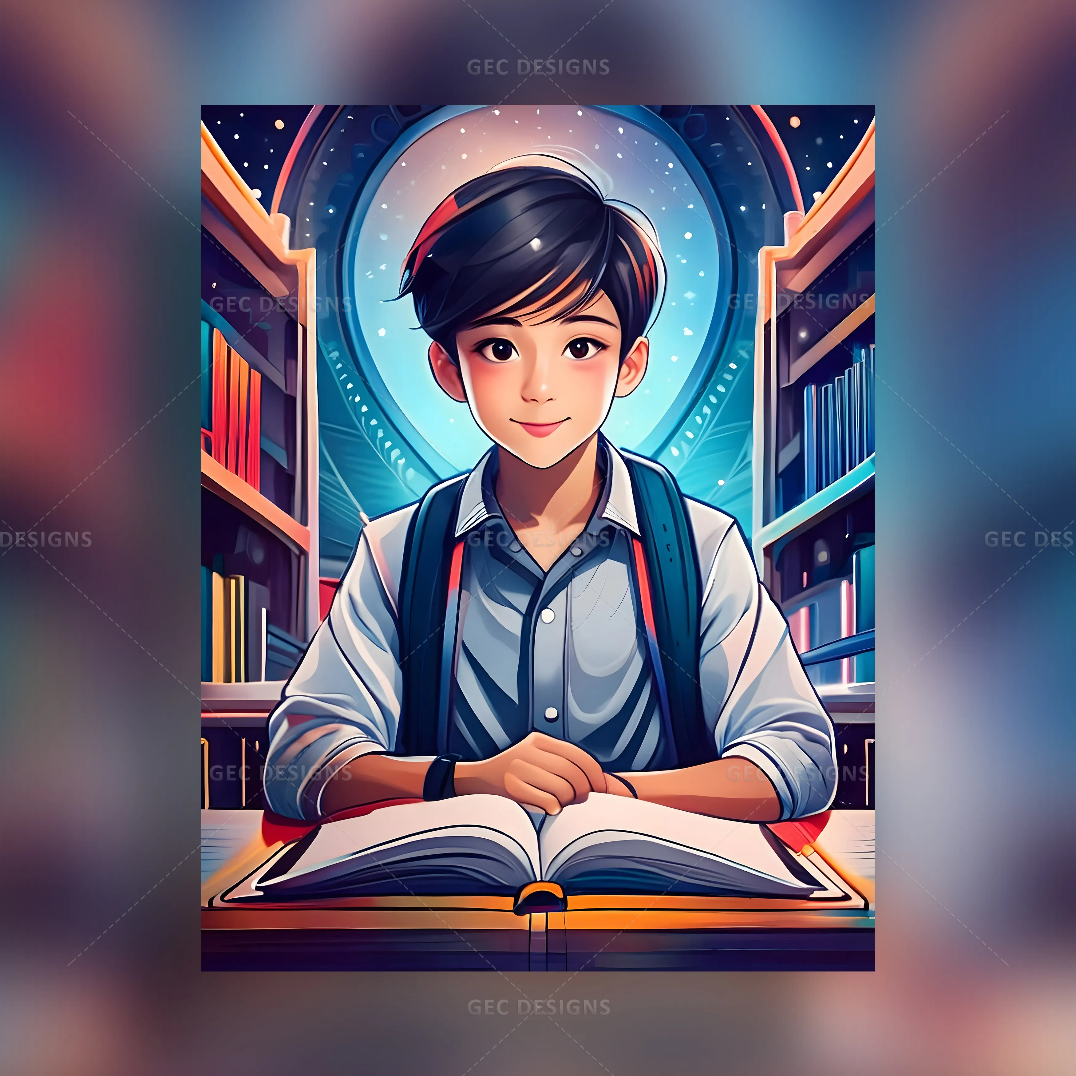 Attractive school boy studying in library anime-style wallpaper | GEC