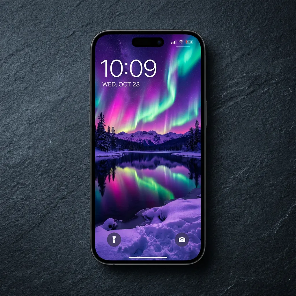 Aurora borealis iPhone wallpaper with snowy lake reflection and mountains mockup one