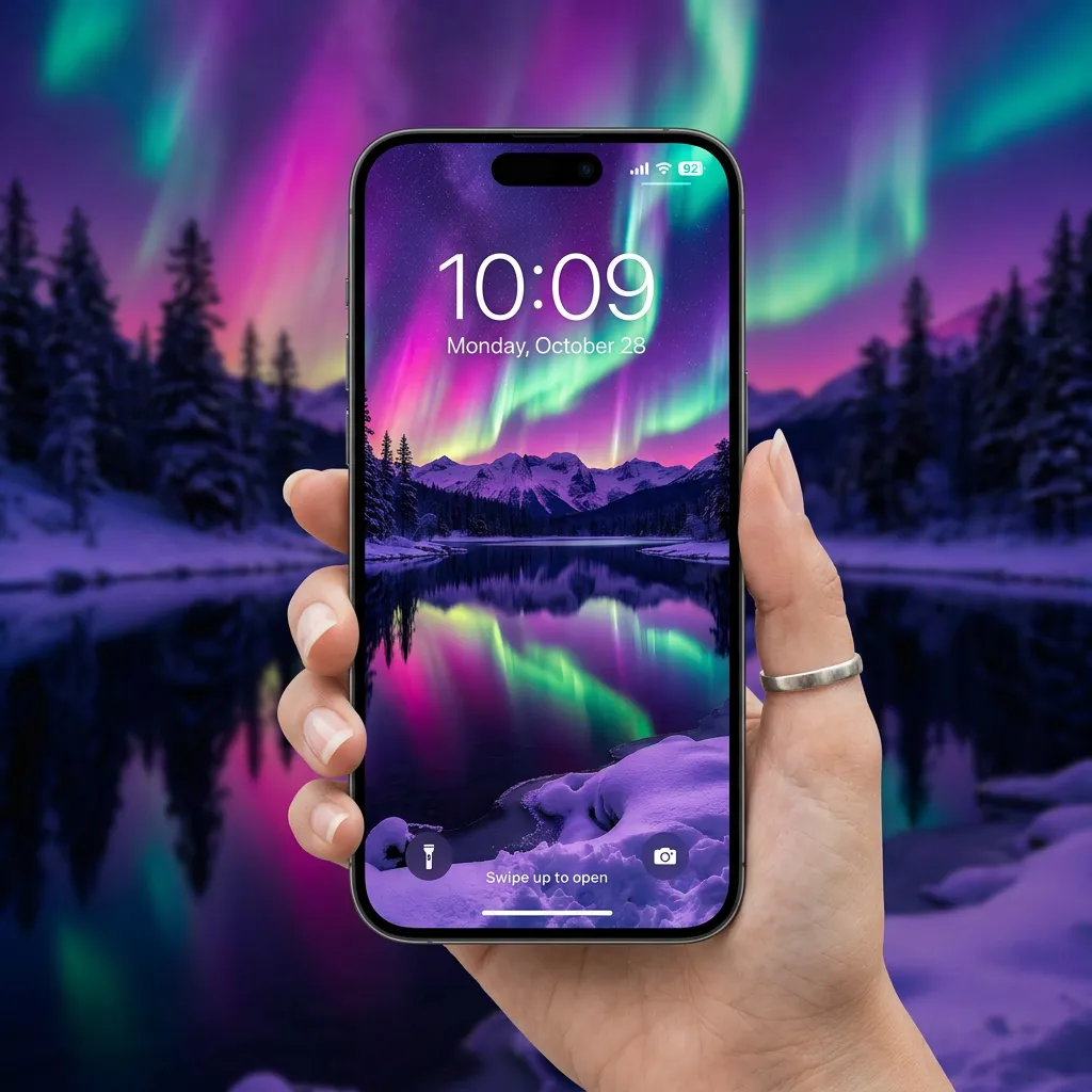 Aurora borealis iPhone wallpaper with snowy lake reflection and mountains mockup two