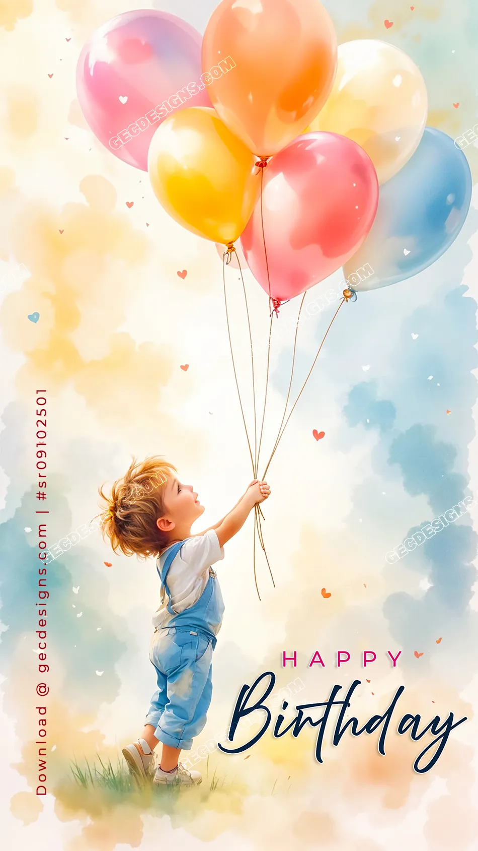 Beautiful Happy Birthday image, Cute Child with Balloons for Greeting Share  - GEC Designs, image size:950x1689