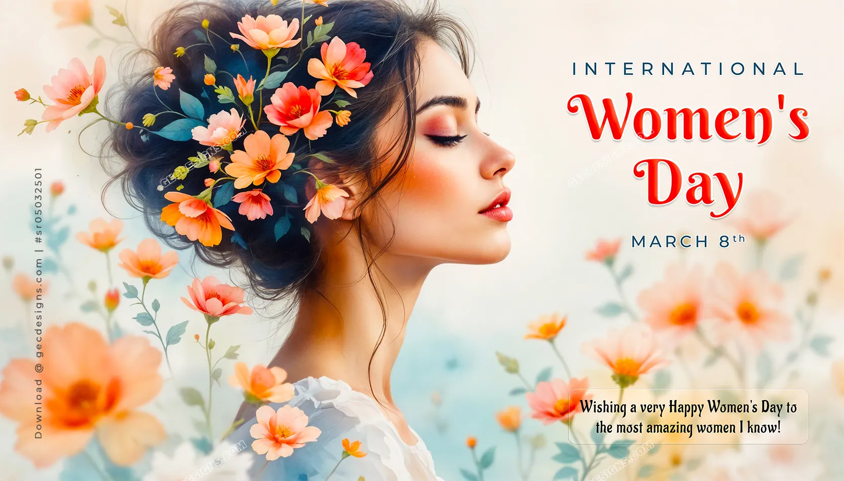 Beautiful women's day wishes flower decorative greeting design with face background