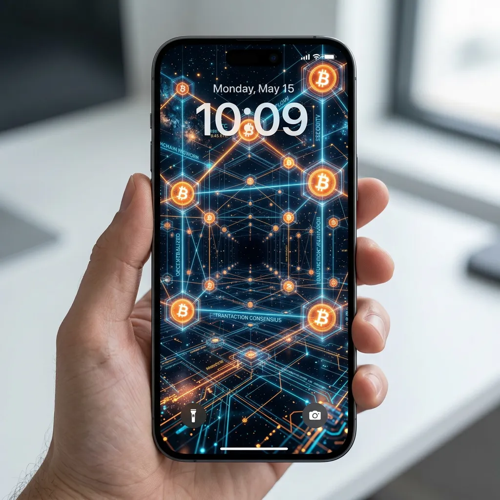 Bitcoin blockchain iPhone wallpaper with futuristic crypto network and digital wealth aesthetic mockup two
