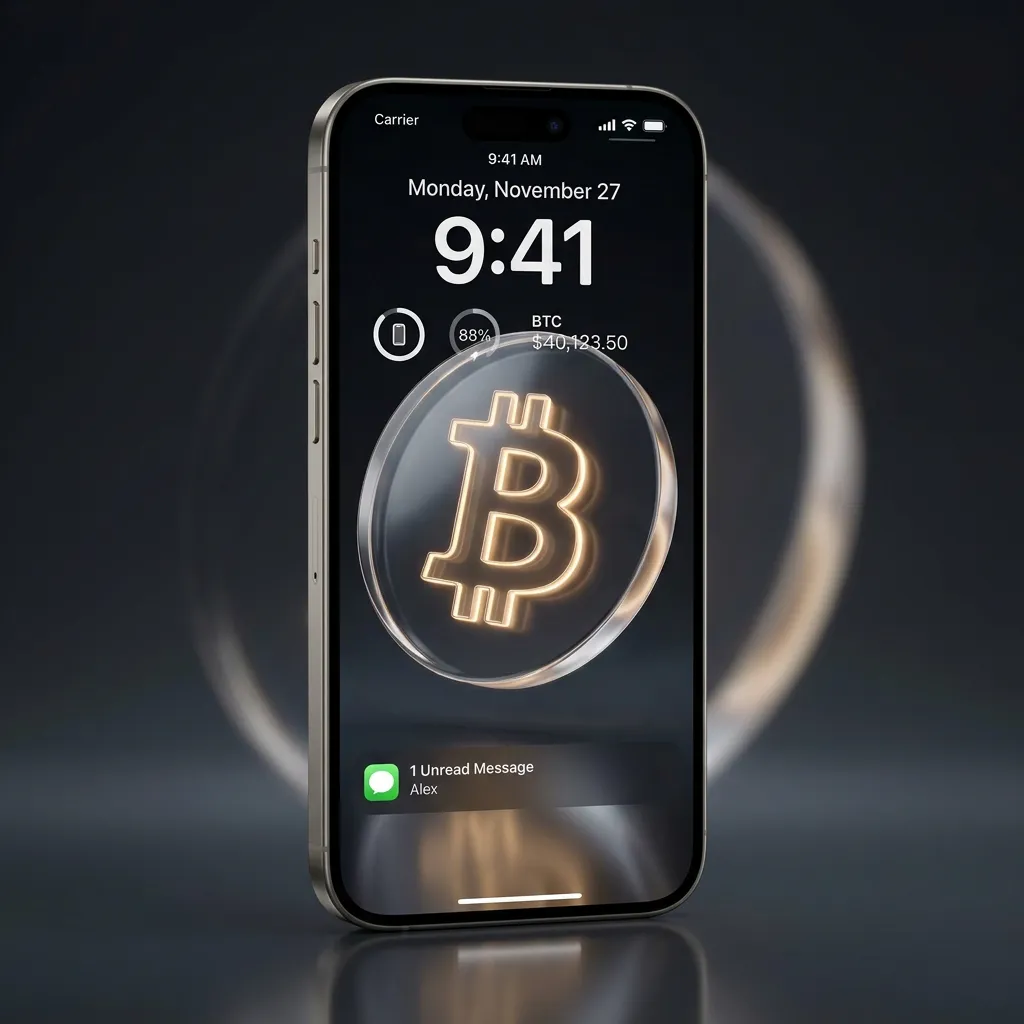 Bitcoin iPhone wallpaper with glass coin and glowing gold symbol design mockup one