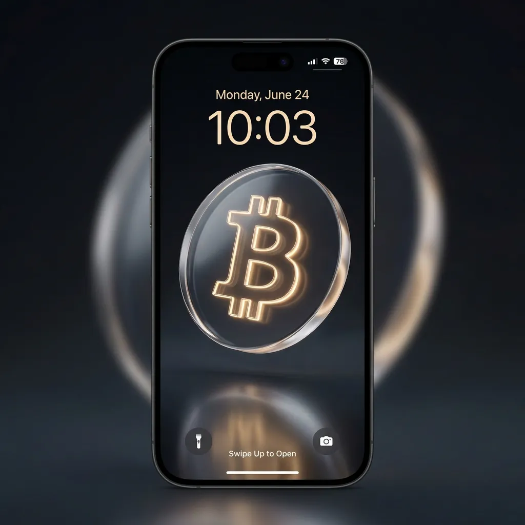 Bitcoin iPhone wallpaper with glass coin and glowing gold symbol design mockup two