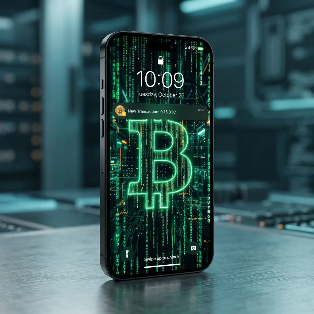 Bitcoin iPhone wallpaper with green matrix code and futuristic crypto finance background mockup two