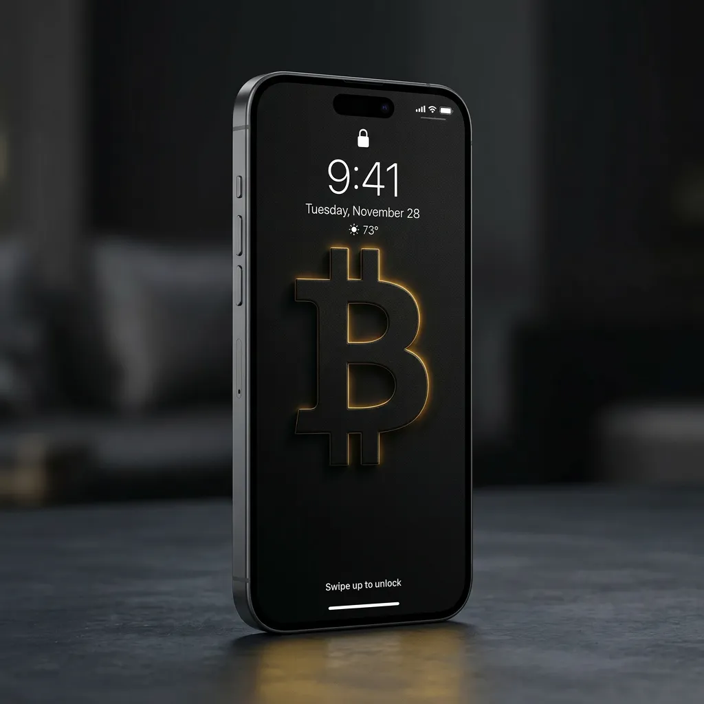 Bitcoin iPhone wallpaper with minimal black background and glowing gold symbol mockup one