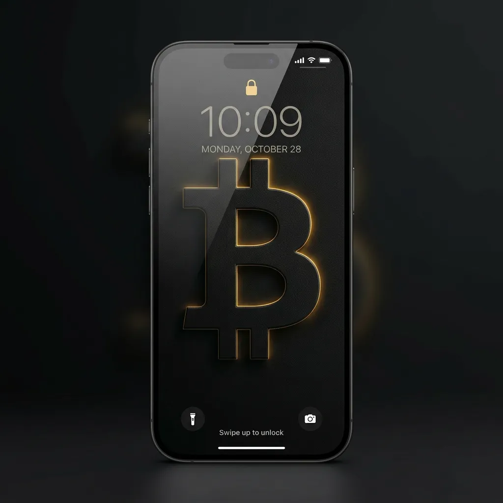 Bitcoin iPhone wallpaper with minimal black background and glowing gold symbol mockup two