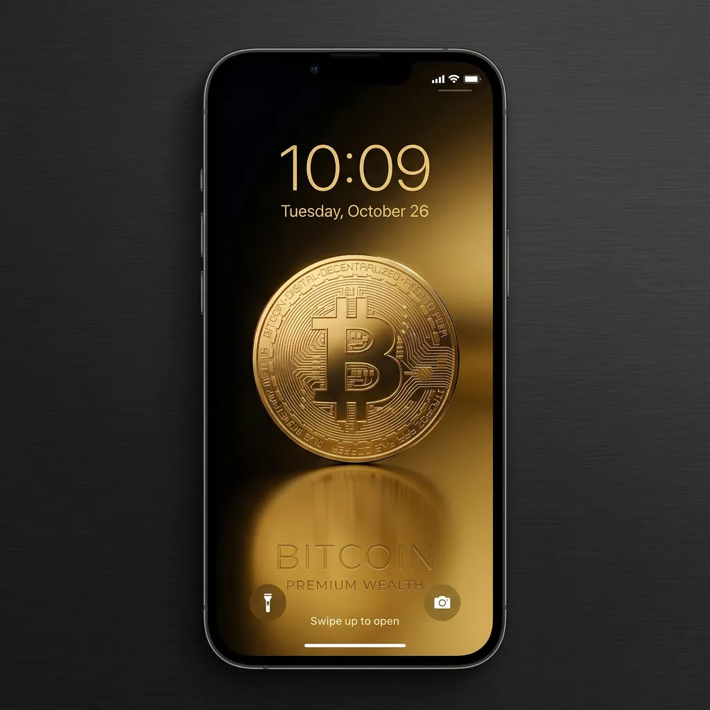 Bitcoin iPhone wallpaper with premium golden crypto coin and luxury wealth background mockup one
