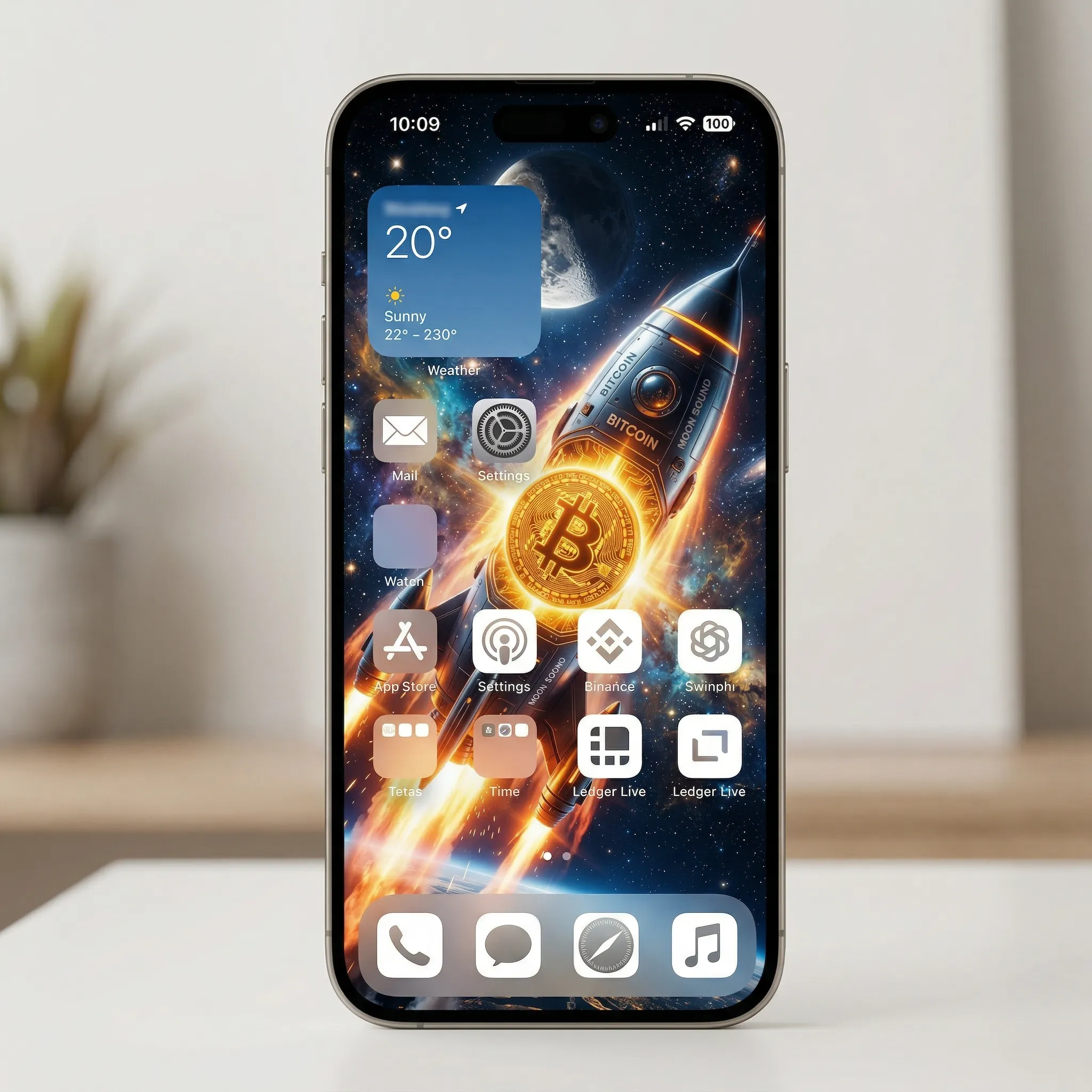 Bitcoin rocket iPhone wallpaper crypto space finance wealth background for mobile mockup one