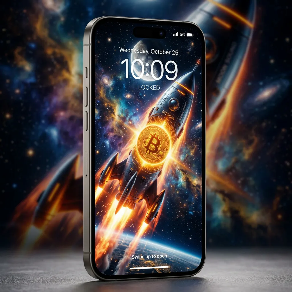 Bitcoin rocket iPhone wallpaper crypto space finance wealth background for mobile mockup two