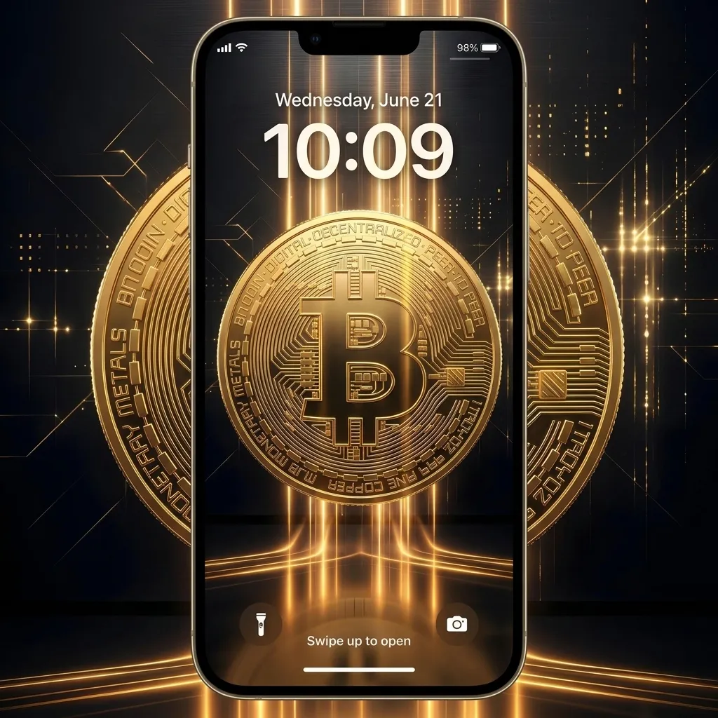 Bitcoin wealth iPhone wallpaper with glowing gold coin and futuristic finance background mockup one