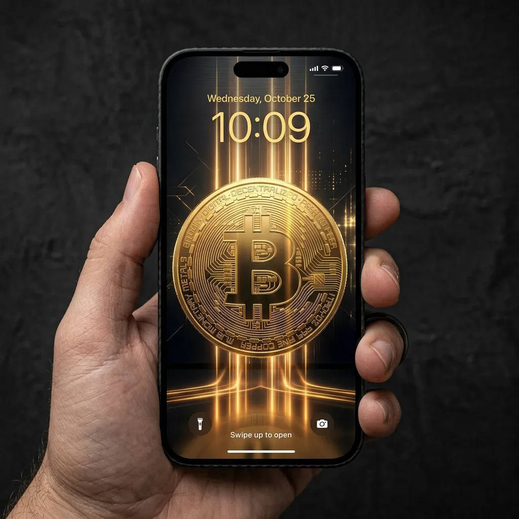 Bitcoin wealth iPhone wallpaper with glowing gold coin and futuristic finance background mockup two