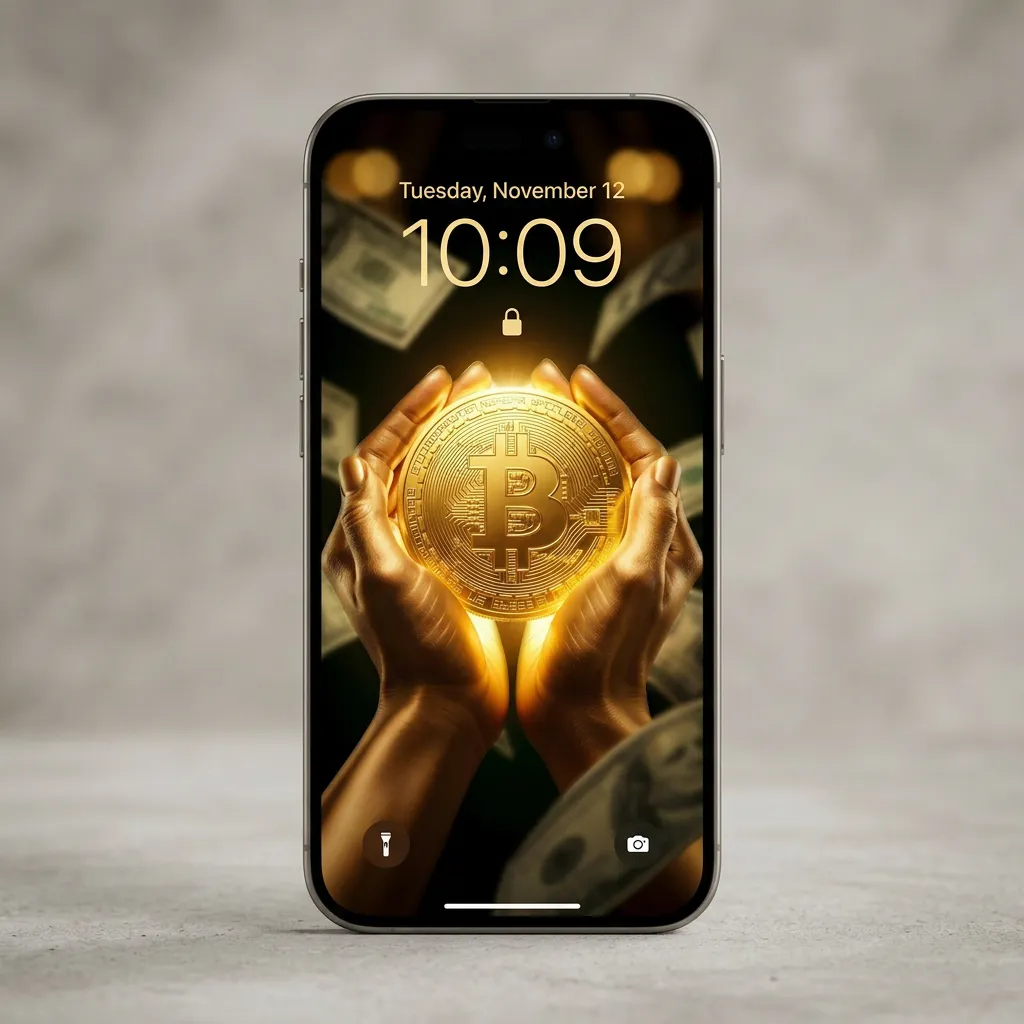 Bitcoin wealth iPhone wallpaper with hands holding gold coin and money rain background mockup one
