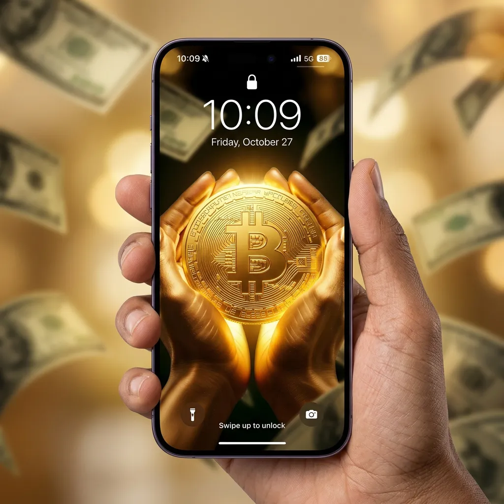 Bitcoin wealth iPhone wallpaper with hands holding gold coin and money rain background mockup two