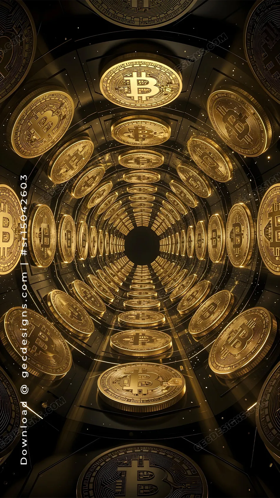 Bitcoin Wealth Tunnel iPhone Wallpaper with Golden Crypto Coins and Luxury Finance Theme