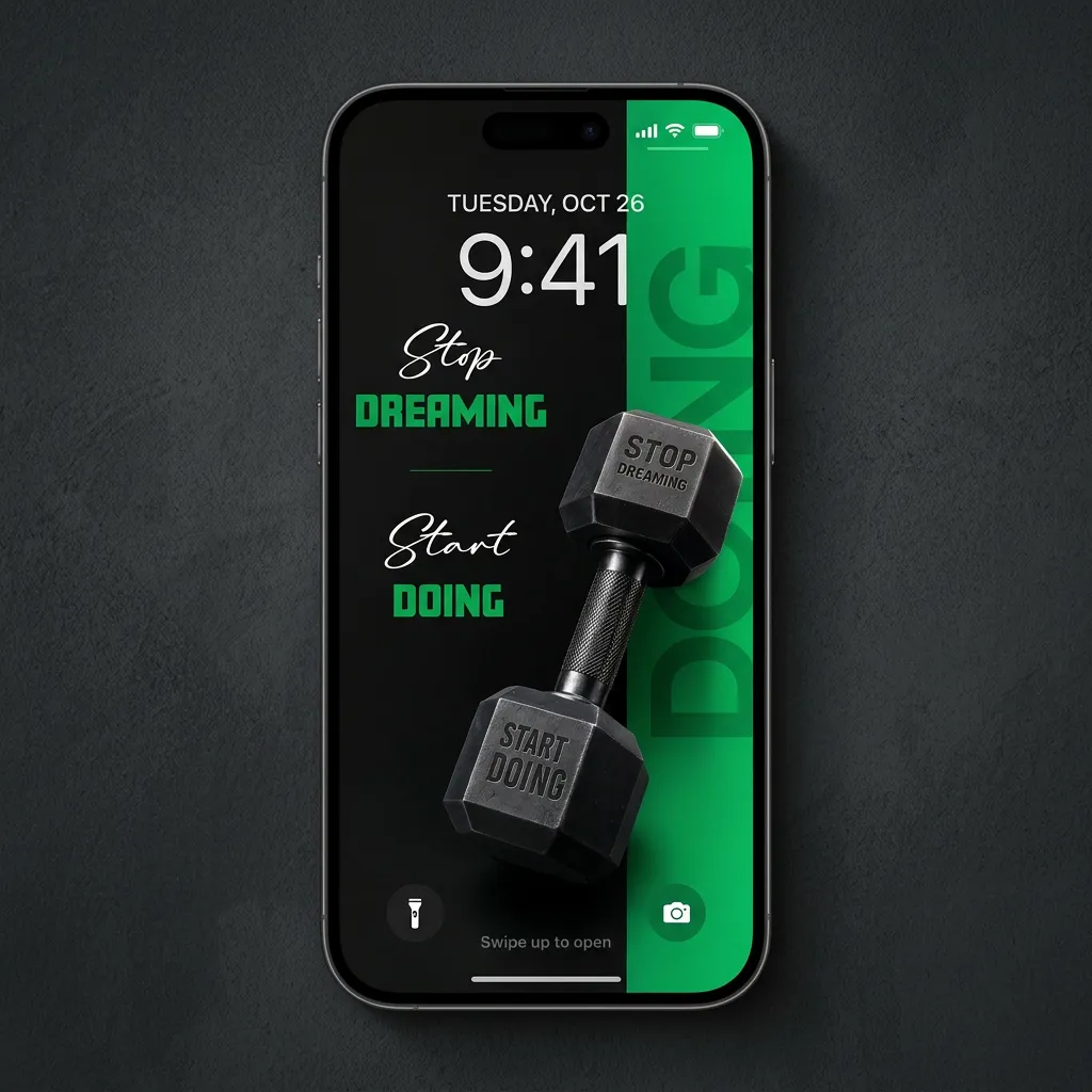Black and green success mindset iPhone wallpaper with dumbbell quote
